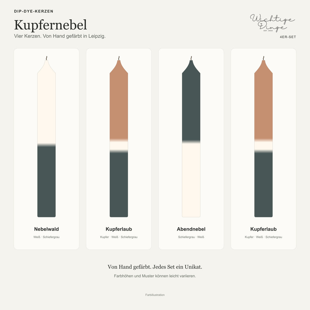 Kupfernebel – Übersicht der vier handgefärbten Kerzen mit ihren Namen