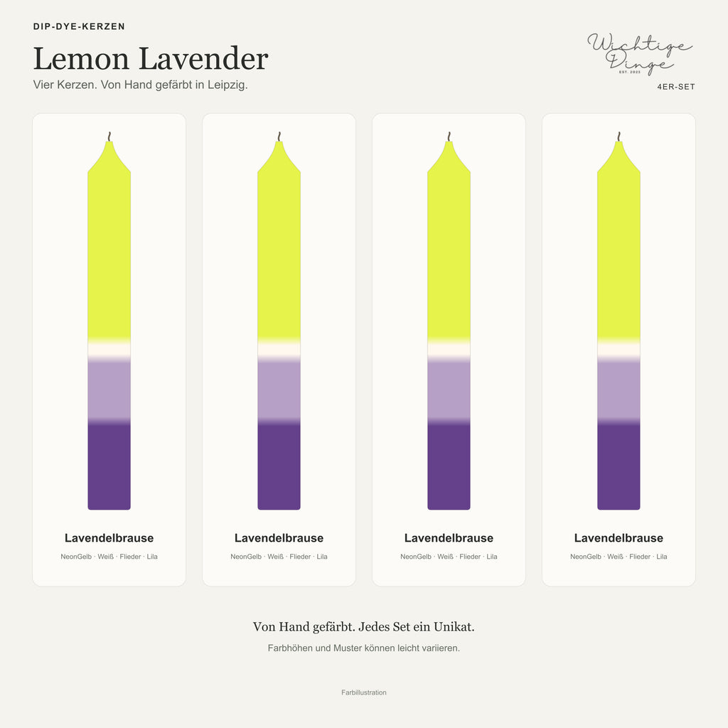 Lemon Lavender – Übersicht der vier handgefärbten Kerzen mit ihren Namen