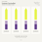 Lemon Lavender – Übersicht der vier handgefärbten Kerzen mit ihren Namen