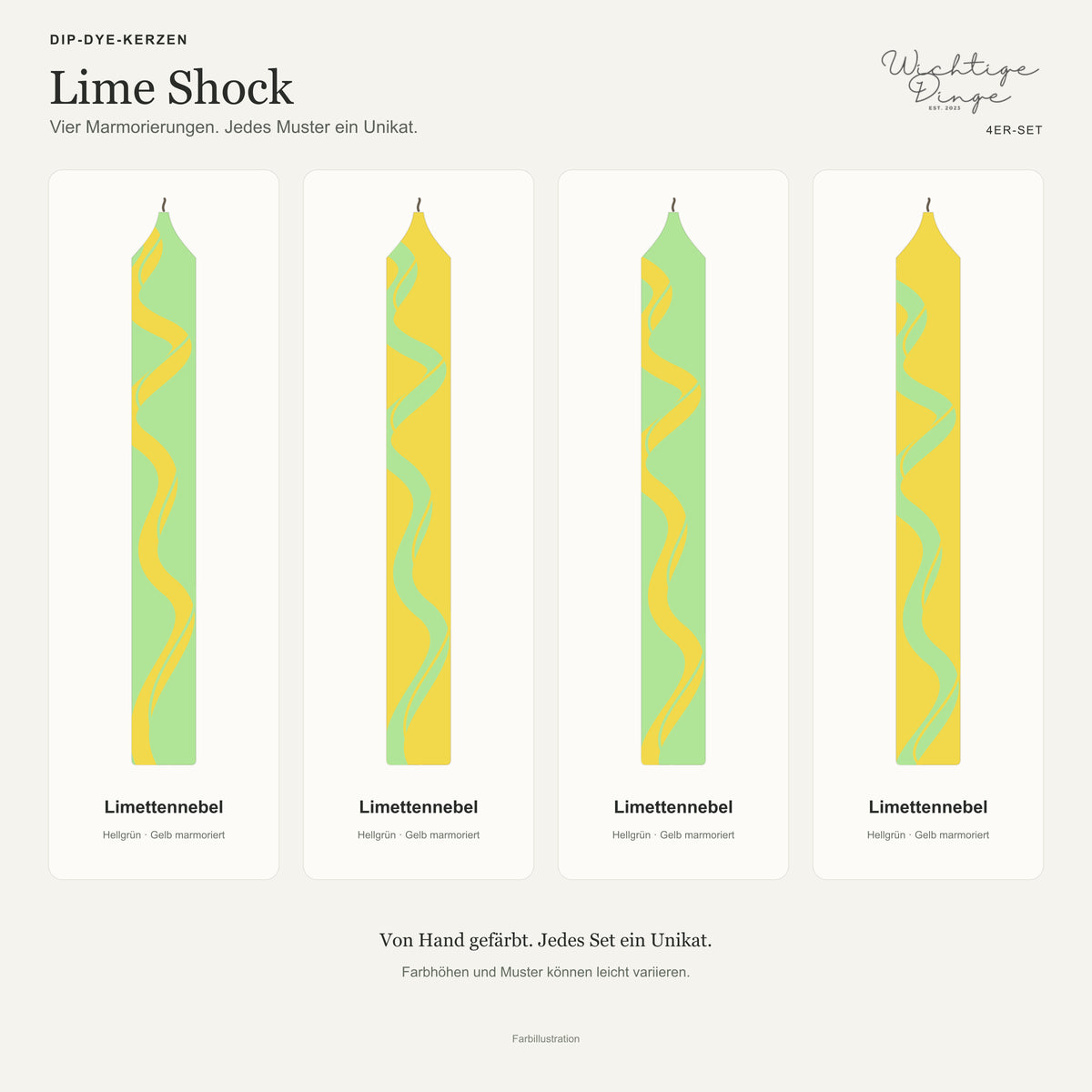 Lime Shock – Übersicht der vier handgefärbten Kerzen mit ihren Namen