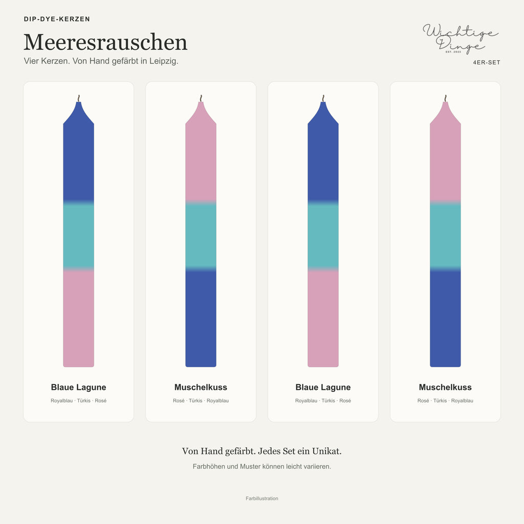 Meeresrauschen – Übersicht der vier handgefärbten Kerzen mit ihren Namen