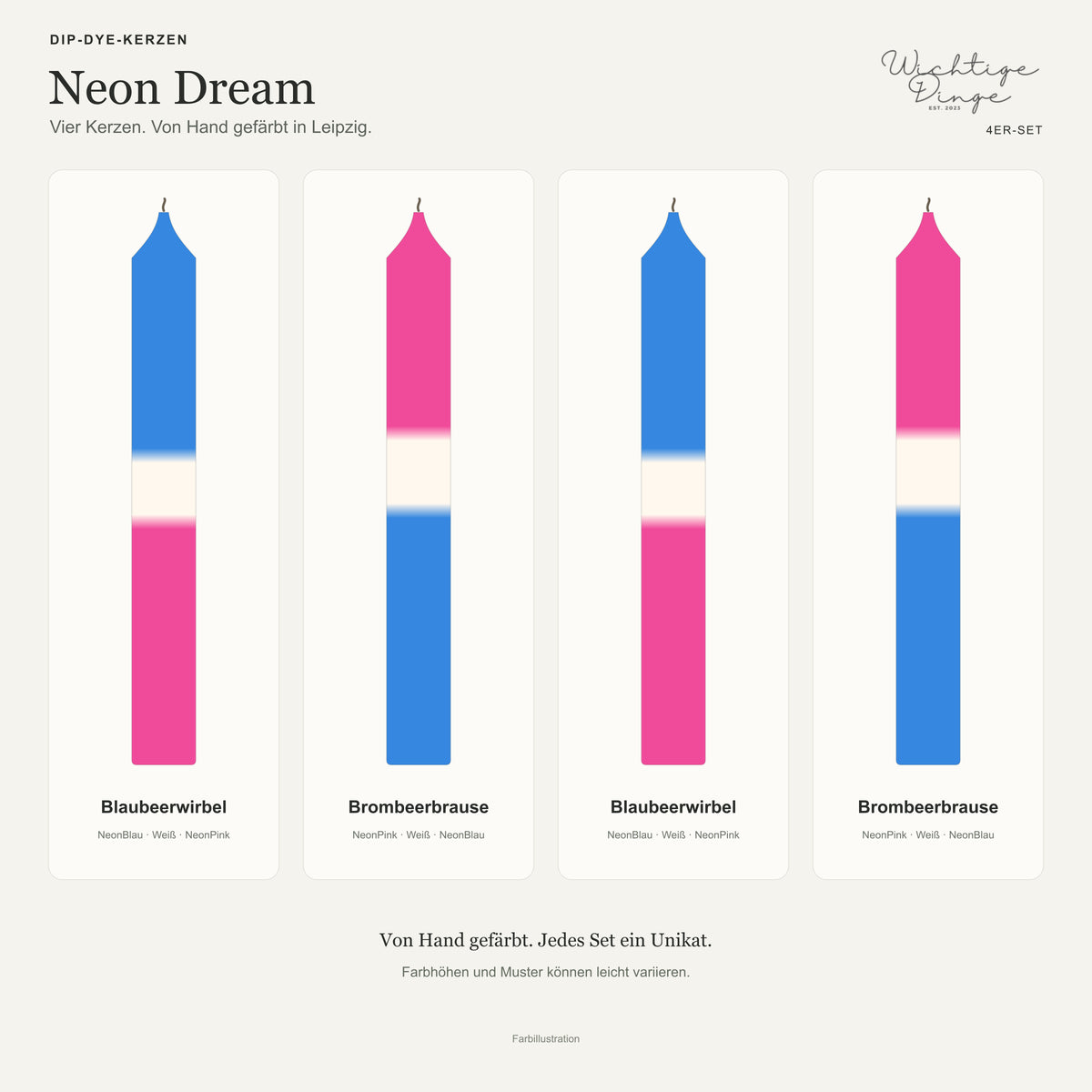 Neon Dream – Übersicht der vier handgefärbten Kerzen mit ihren Namen