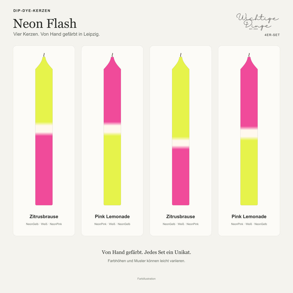 Neon Flash – Übersicht der vier handgefärbten Kerzen mit ihren Namen