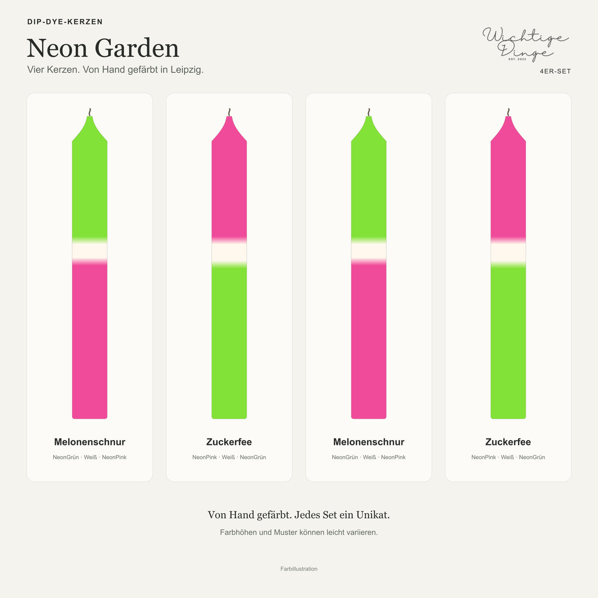 Neon Garden – Übersicht der vier handgefärbten Kerzen mit ihren Namen