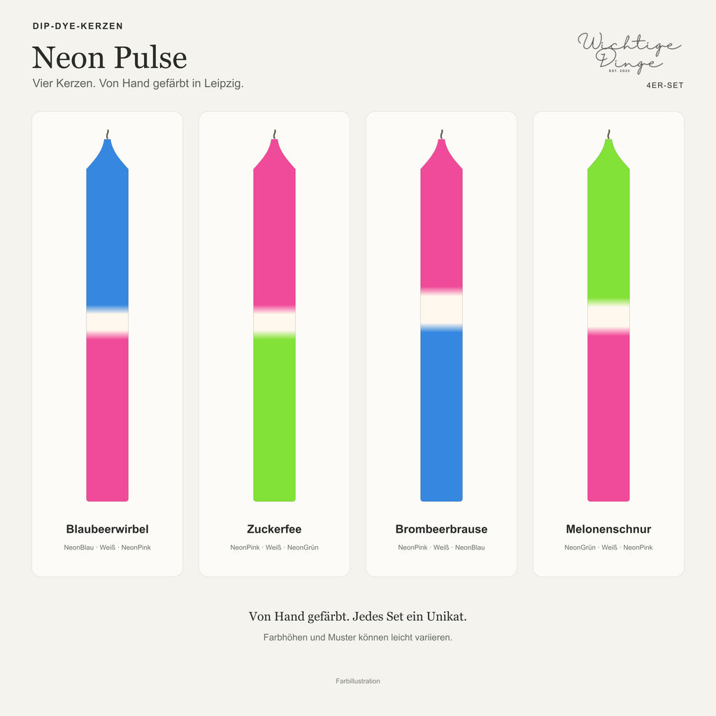 Neon Pulse – Übersicht der vier handgefärbten Kerzen mit ihren Namen
