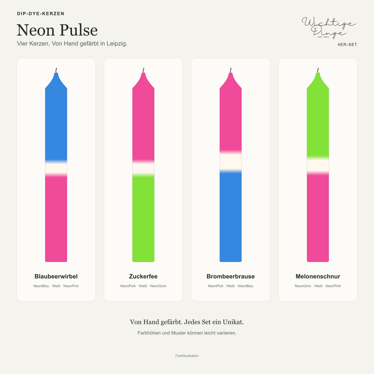 Neon Pulse – Übersicht der vier handgefärbten Kerzen mit ihren Namen