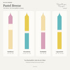 Pastel Breeze – Übersicht der vier handgefärbten Kerzen mit ihren Namen