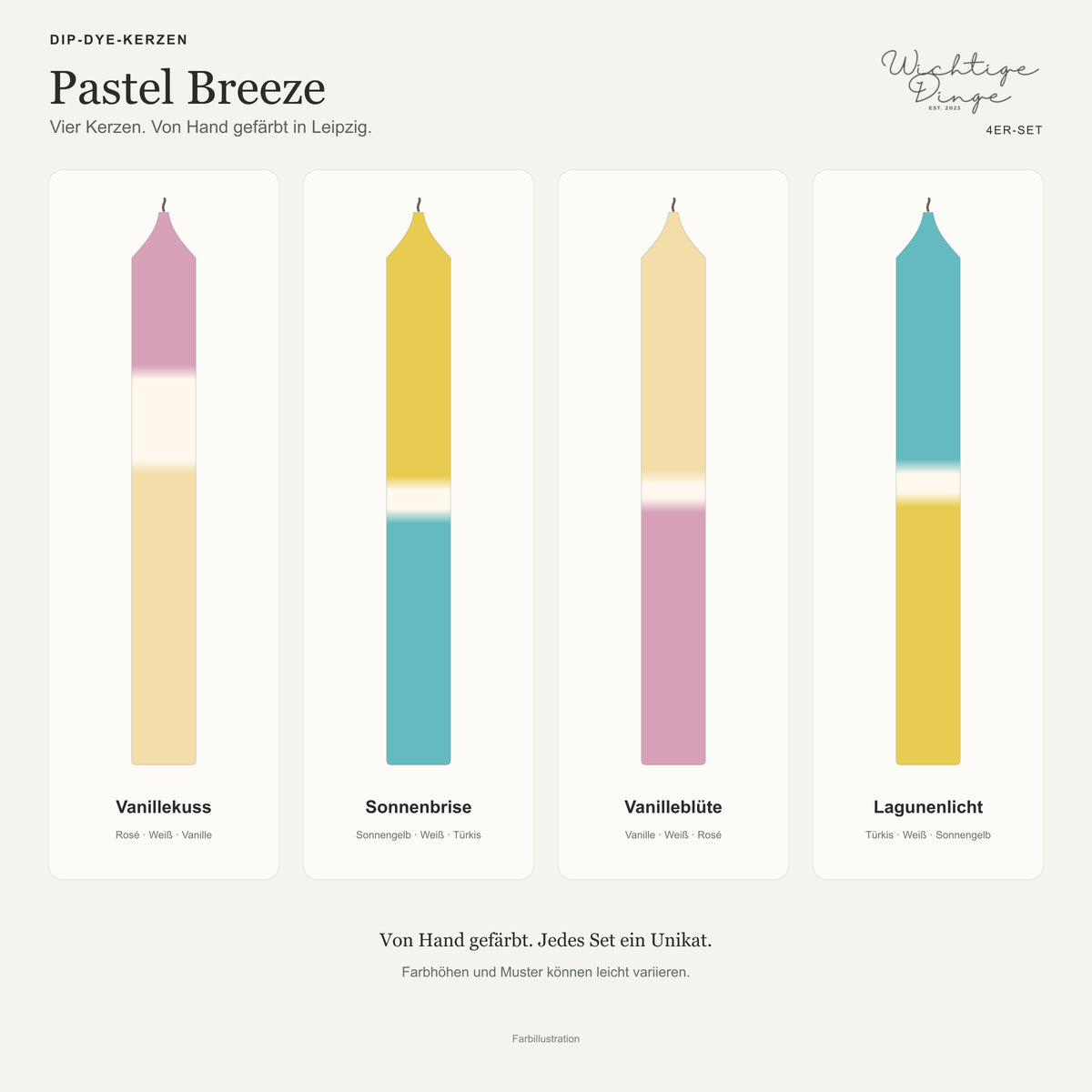 Pastel Breeze – Übersicht der vier handgefärbten Kerzen mit ihren Namen