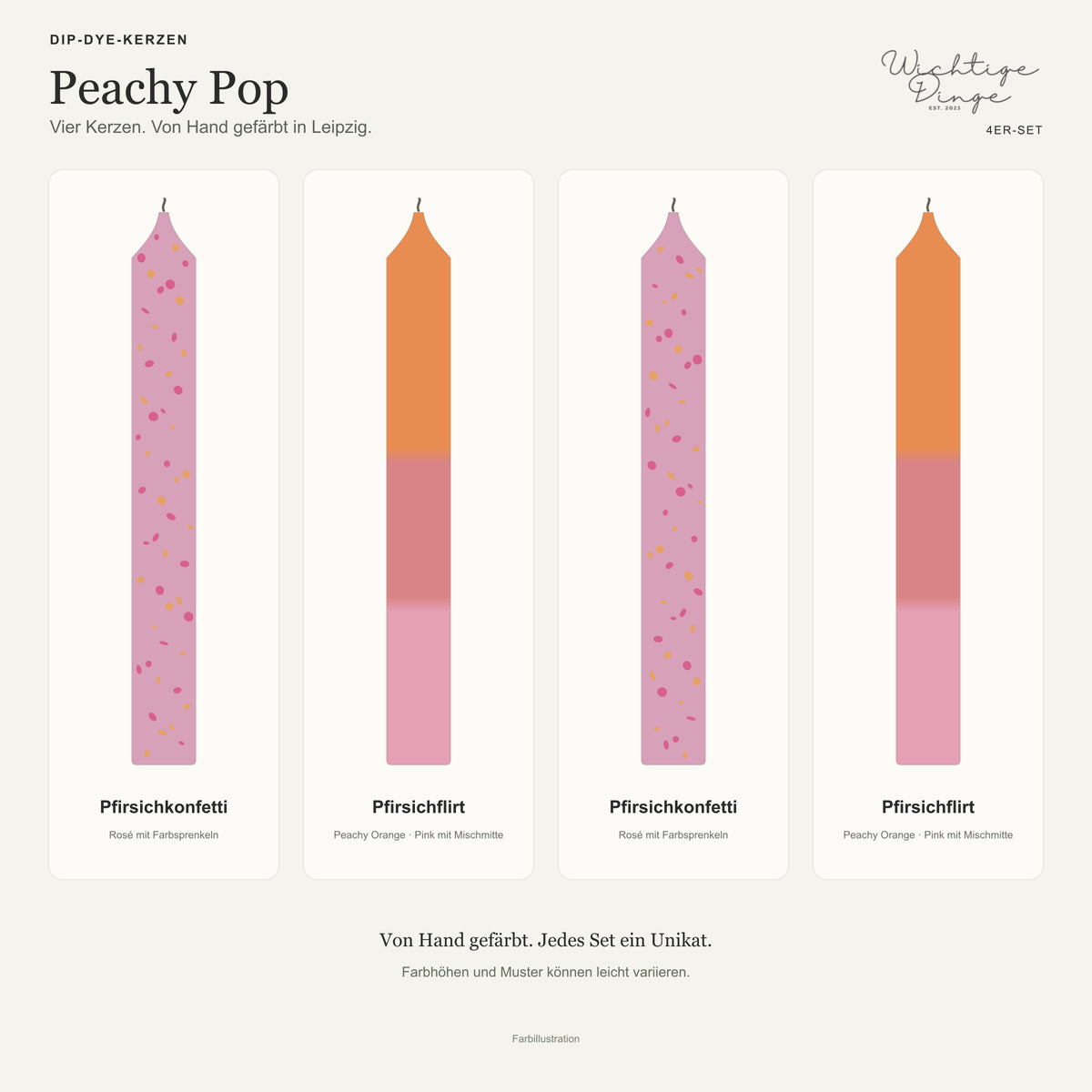 Peachy Pop – Kundenübersicht mit Logo und Namen der vier Kerzen