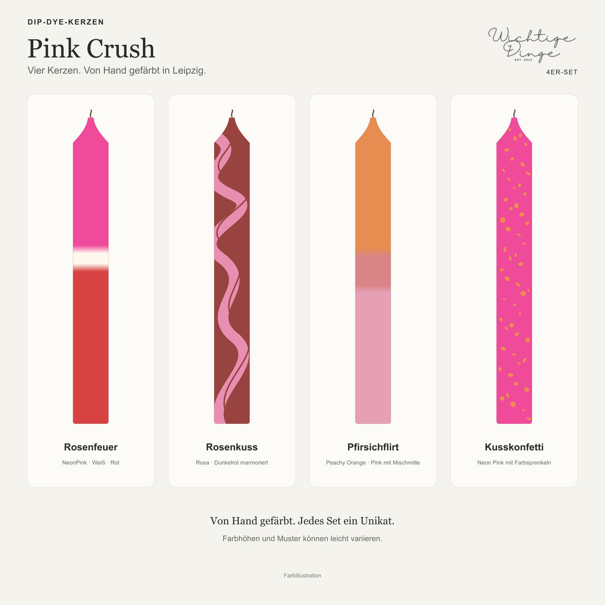 Pink Crush – Rosenfeuer, Rosenkuss, Pfirsichflirt und Kusskonfetti; Pfirsichflirt mit Peachy Pop Orange, Pink und überlagerter Mitte