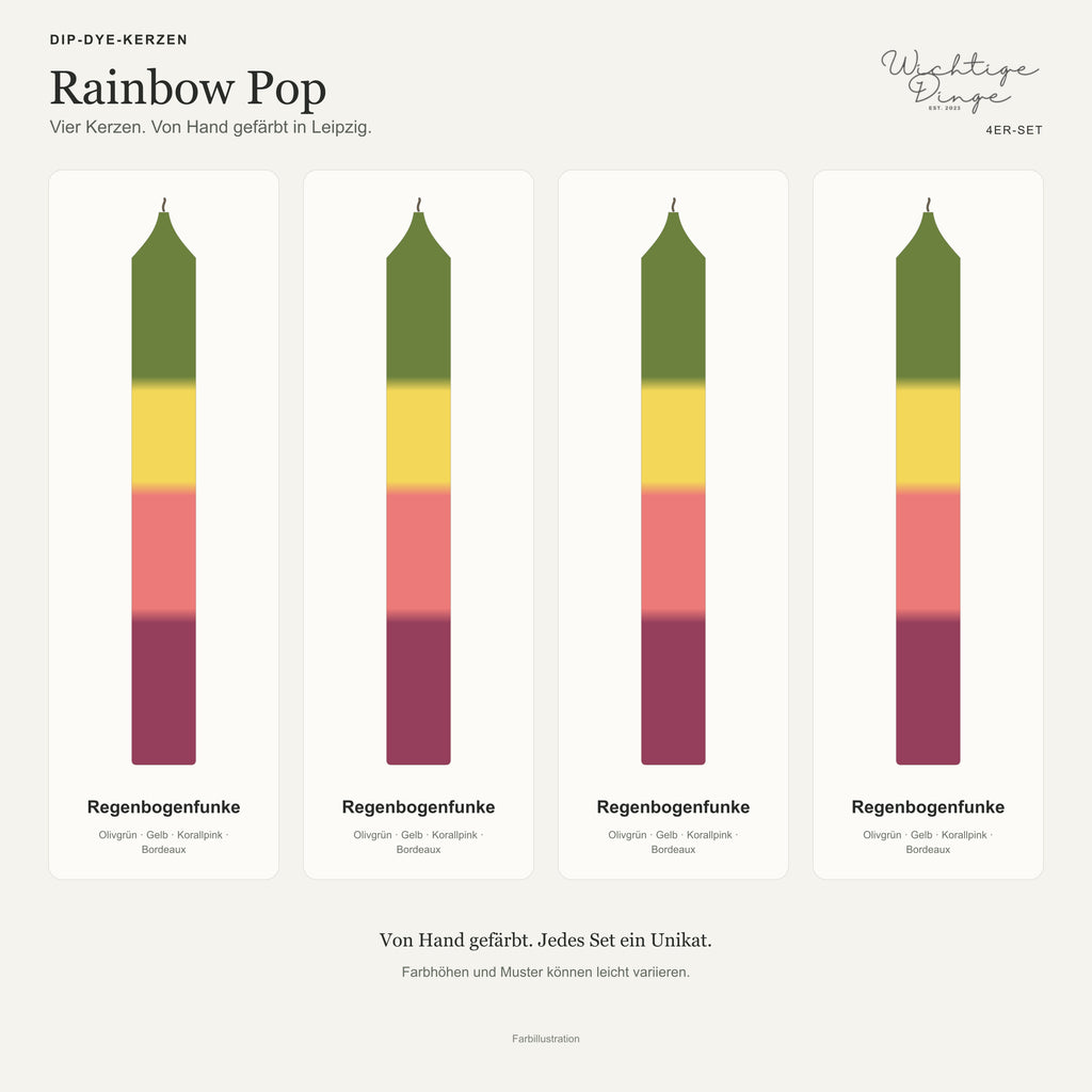 Rainbow Pop – Übersicht der vier handgefärbten Kerzen mit ihren Namen