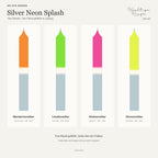 Silver Neon Splash – Übersicht der vier handgefärbten Kerzen mit ihren Namen
