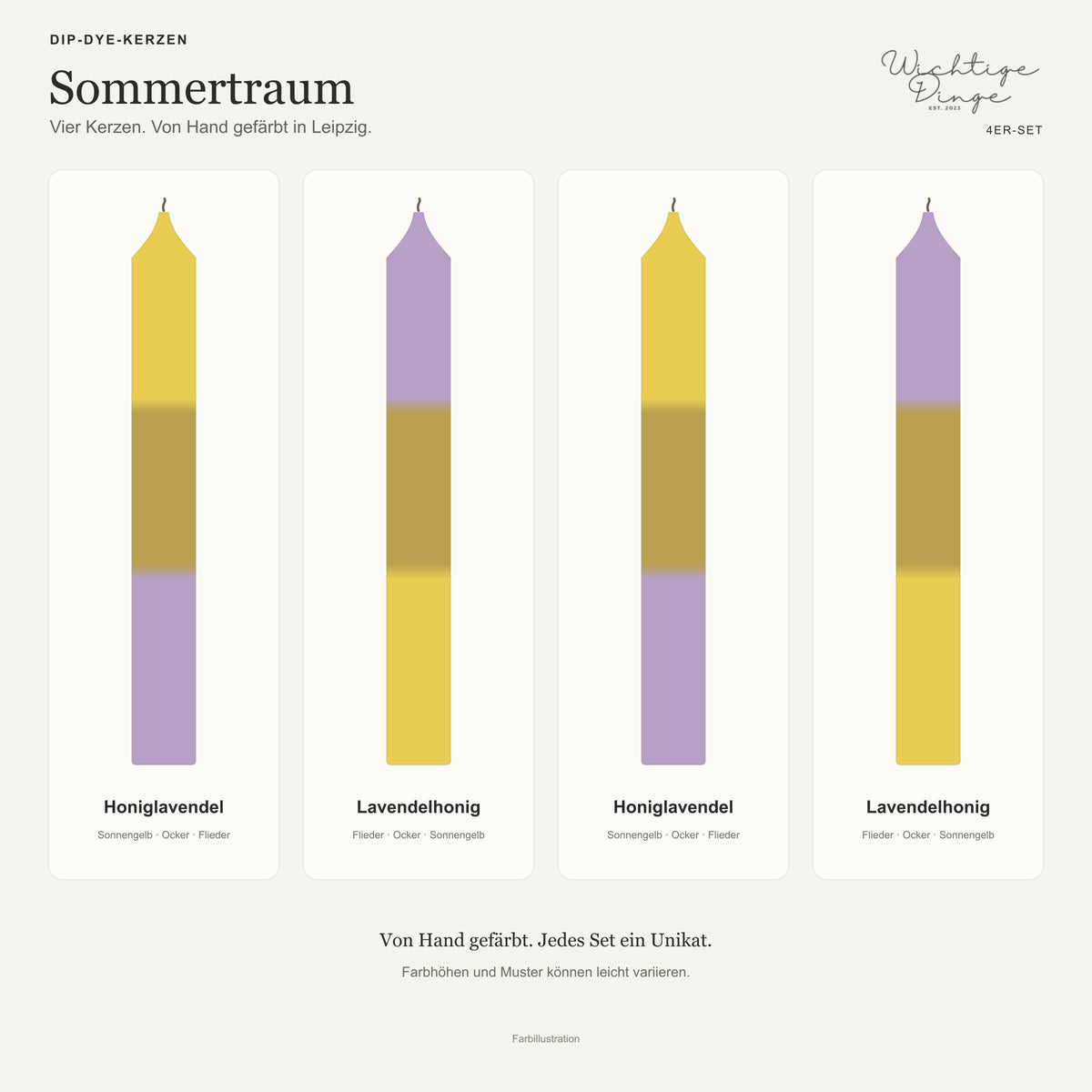 Sommertraum – Übersicht der vier handgefärbten Kerzen mit ihren Namen