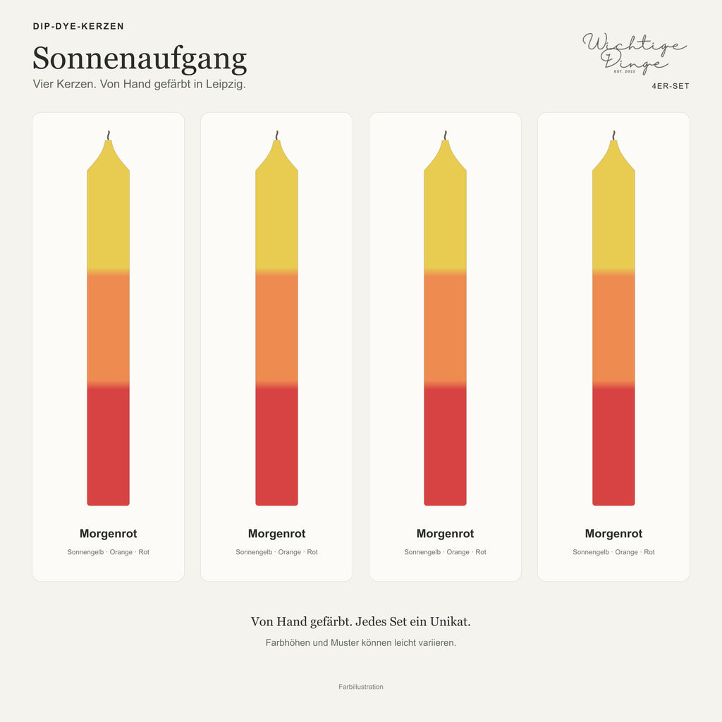 Sonnenaufgang – Übersicht der vier handgefärbten Kerzen mit ihren Namen