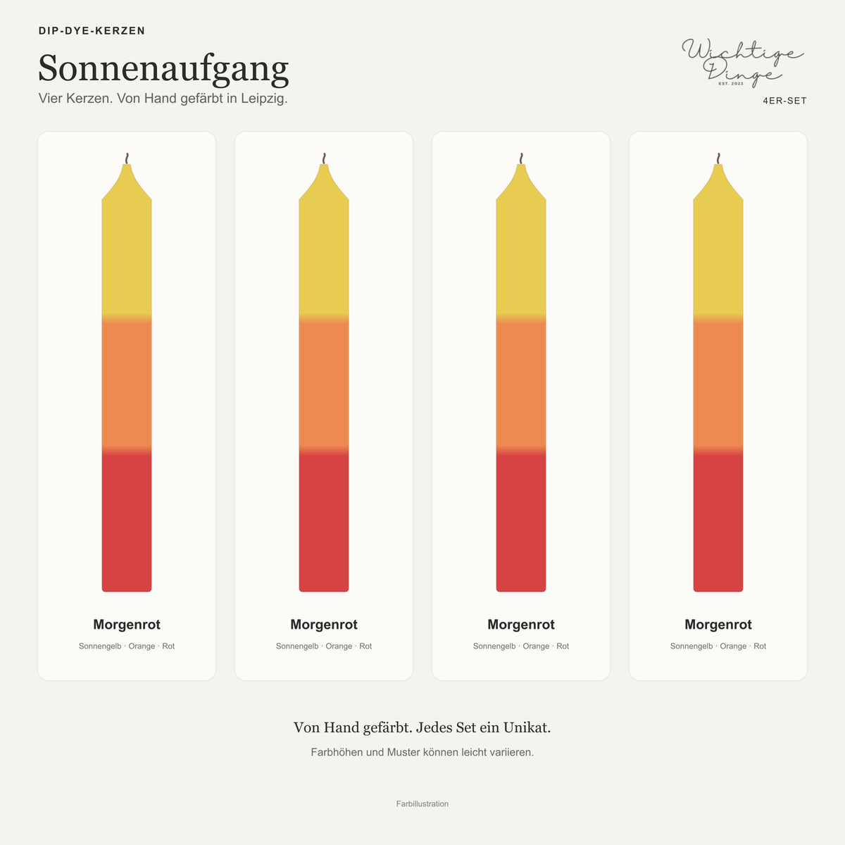 Sonnenaufgang – Übersicht der vier handgefärbten Kerzen mit ihren Namen