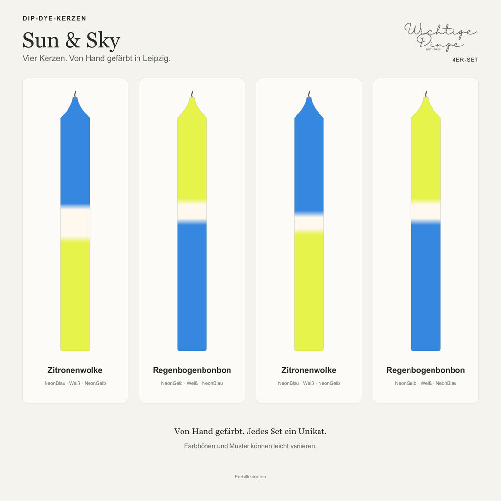 Sun & Sky – Übersicht der vier handgefärbten Kerzen mit ihren Namen