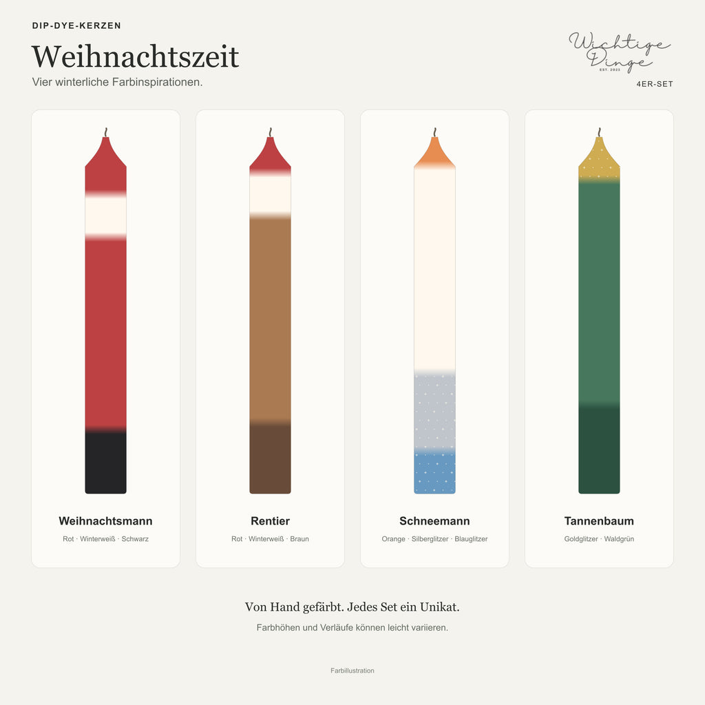 Weihnachtszeit – Farbillustration der vier Kerzen Weihnachtsmann, Rentier, Schneemann und Tannenbaum mit Glitzerakzenten
