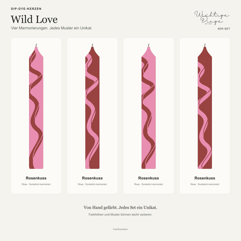 Wild Love – Übersicht der vier handgefärbten Kerzen mit ihren Namen