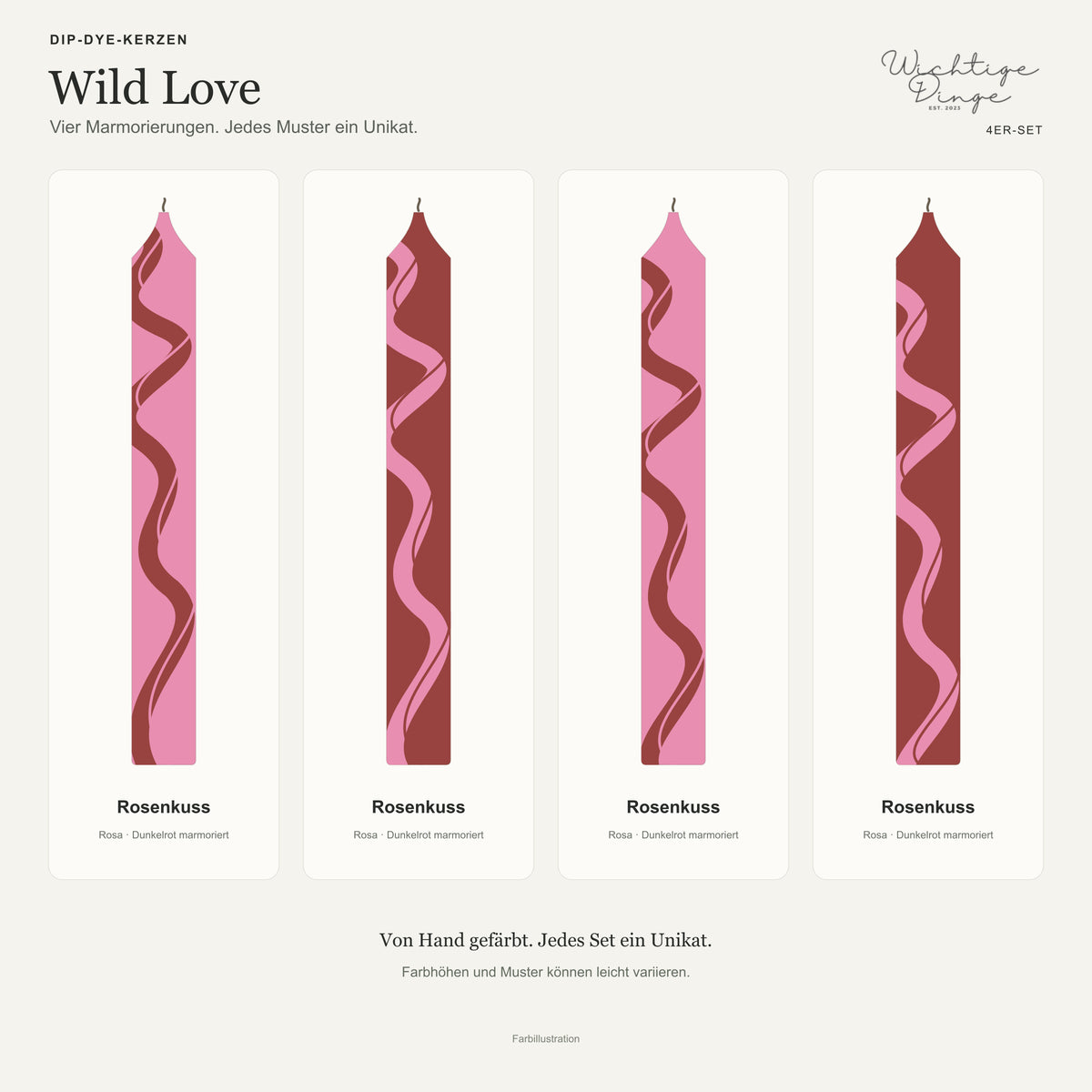 Wild Love – Übersicht der vier handgefärbten Kerzen mit ihren Namen